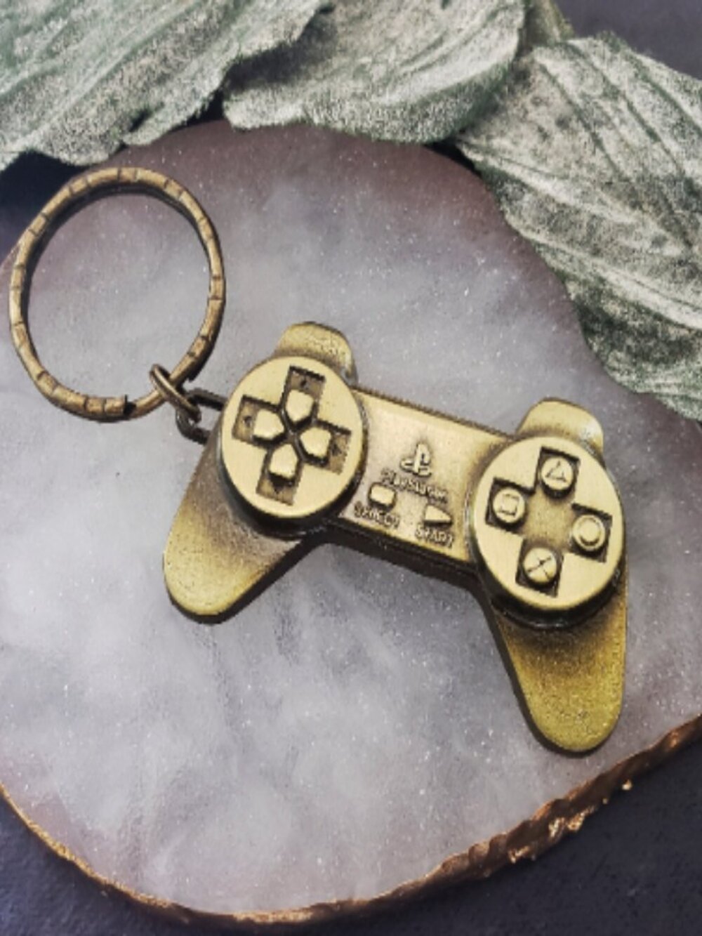 PlayStation Controller Keychain Retro Gaming Metal Alloy Bronze Keyring